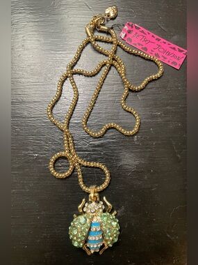Betsey Johnson Gold-Tone Beetle Necklace with Mint Green and Blue Accents